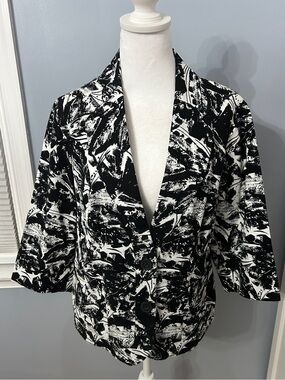 Coldwater Creek Blazer 14P Petite Black White Abstract Print Cotton Jacket